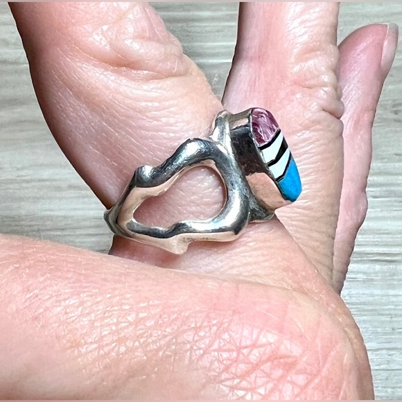 Navajo Designer Signed (TL) Sterling Silver Abstract Multicolor Inlay Ring - Picture 9 of 10